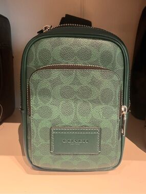 New  Coach men Racer Sling Pack Signature Canvas Charms Silver/Sea Green CEB27